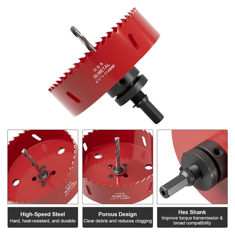 FIVELAKE 4-1/2" (114mm) Bi-Metal M42 High Speed Steel Hole Saw with Pilot Drill Bit, Smooth Cutting Edge for PVC, Drywall, Wood, Plastic, Gypsum Board, Rubber, Thin Metal - Image 2